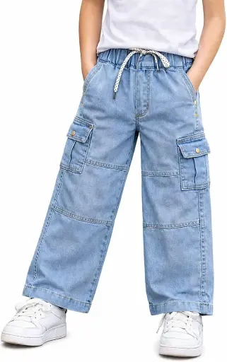Boys Straight Fit Premium Denim Jeans with Elastic Waist & Adjustable Drawstring Soft Wash Beggy Denim Jeans Comfortable